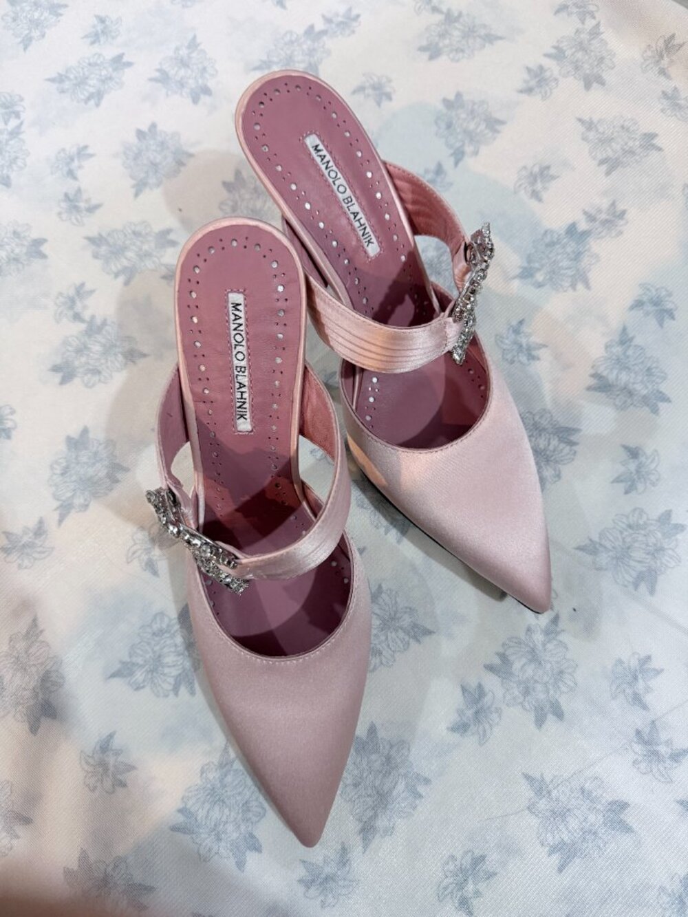 Manolo Blahnik Pink Satin Crystal-Buckle Mule Heels
